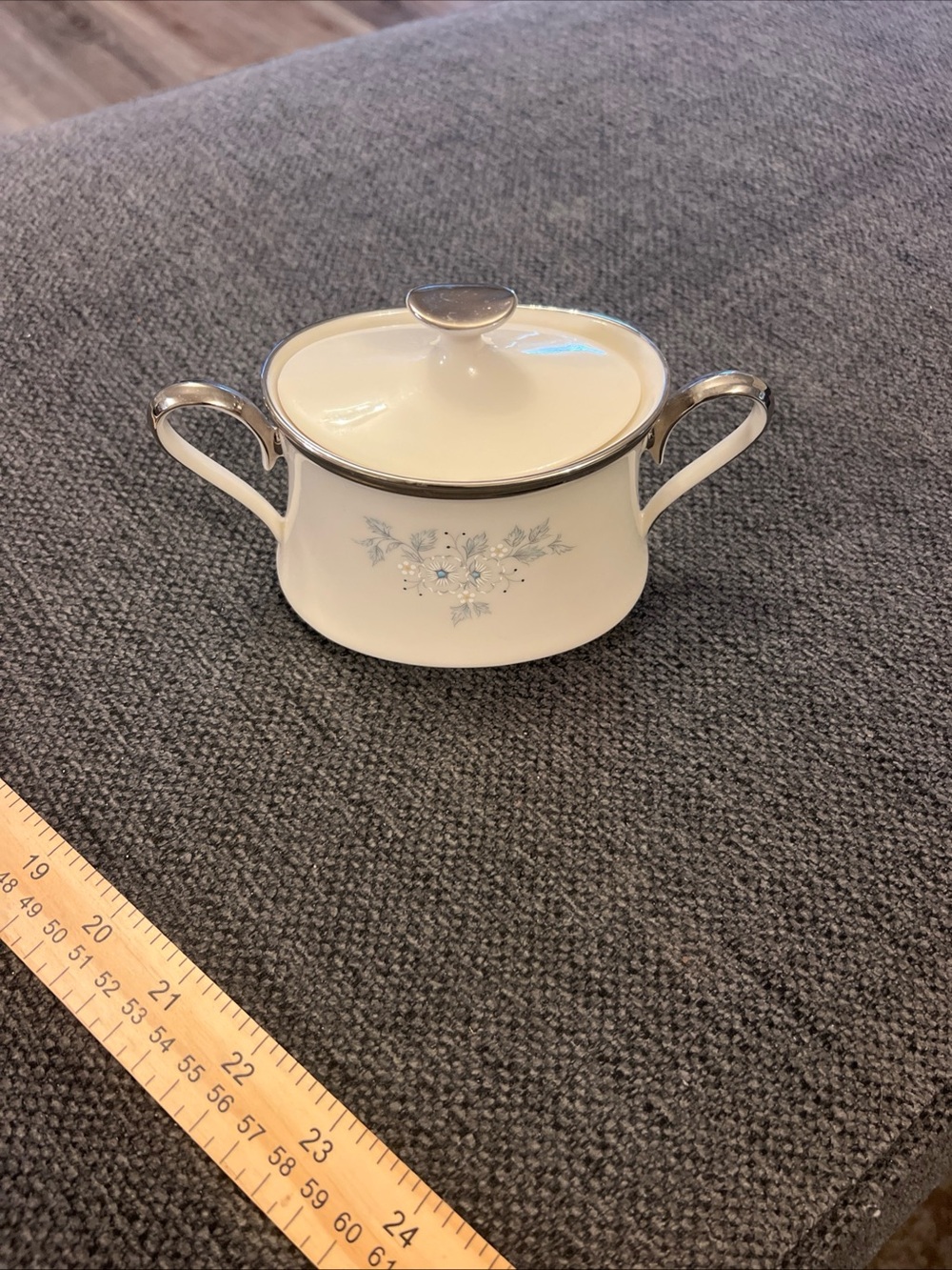 Lenox White Porcelain Covered Sugar Bowl with Blue Floral Motif and Silver Trim